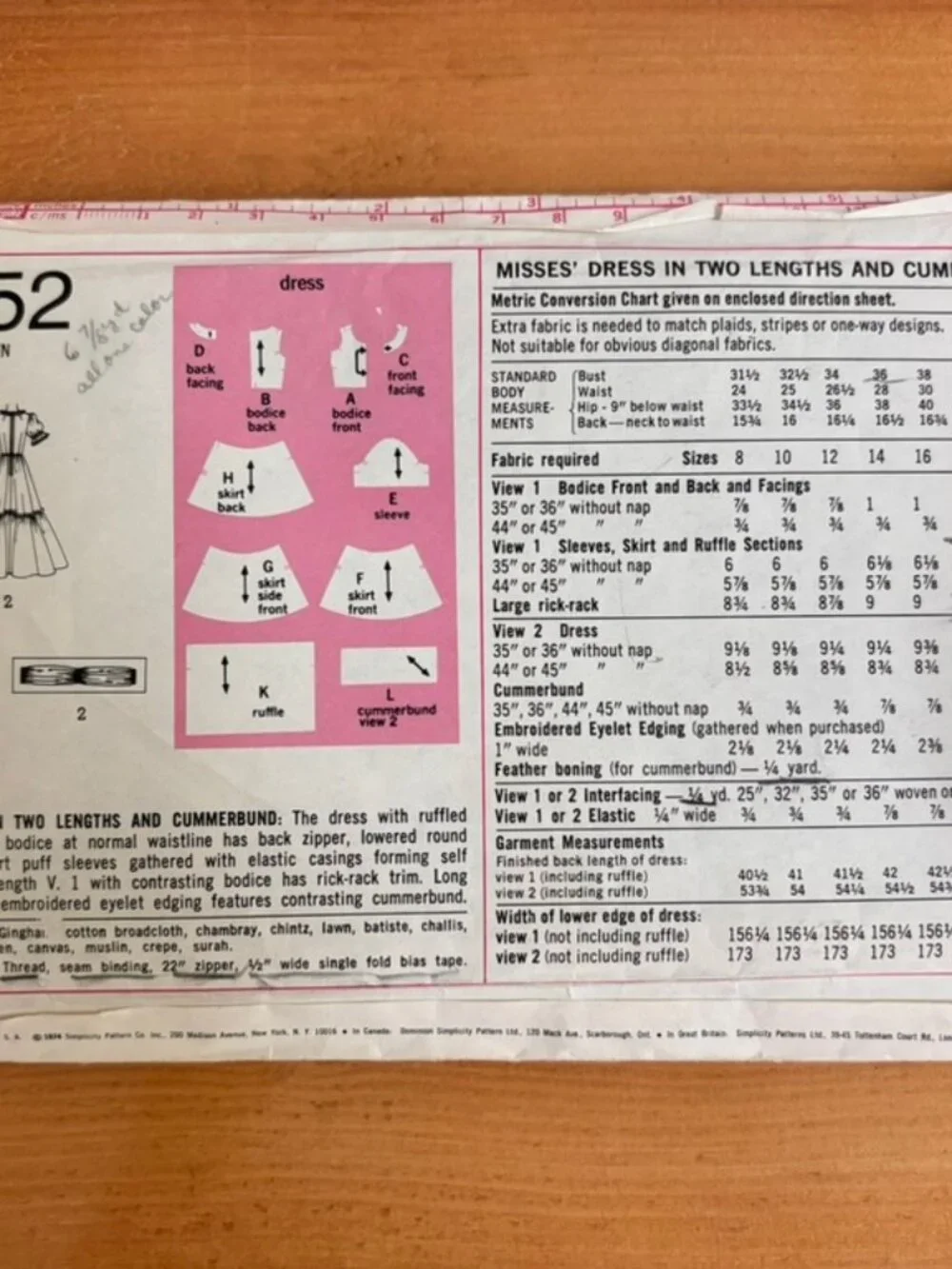 Vintage 1974 Simplicity 6452 sewing pattern prairie-style peasant dress Sz 14